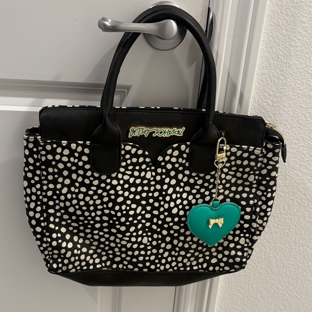 Betsey Johnson Black and White Dot Tote with Teal Charm
